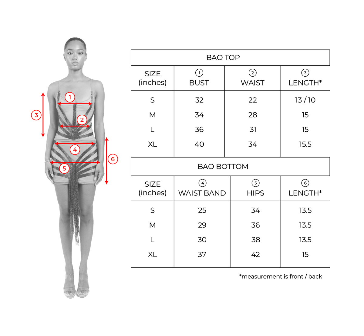 Size chart for Amalfi Yellow Bao Set