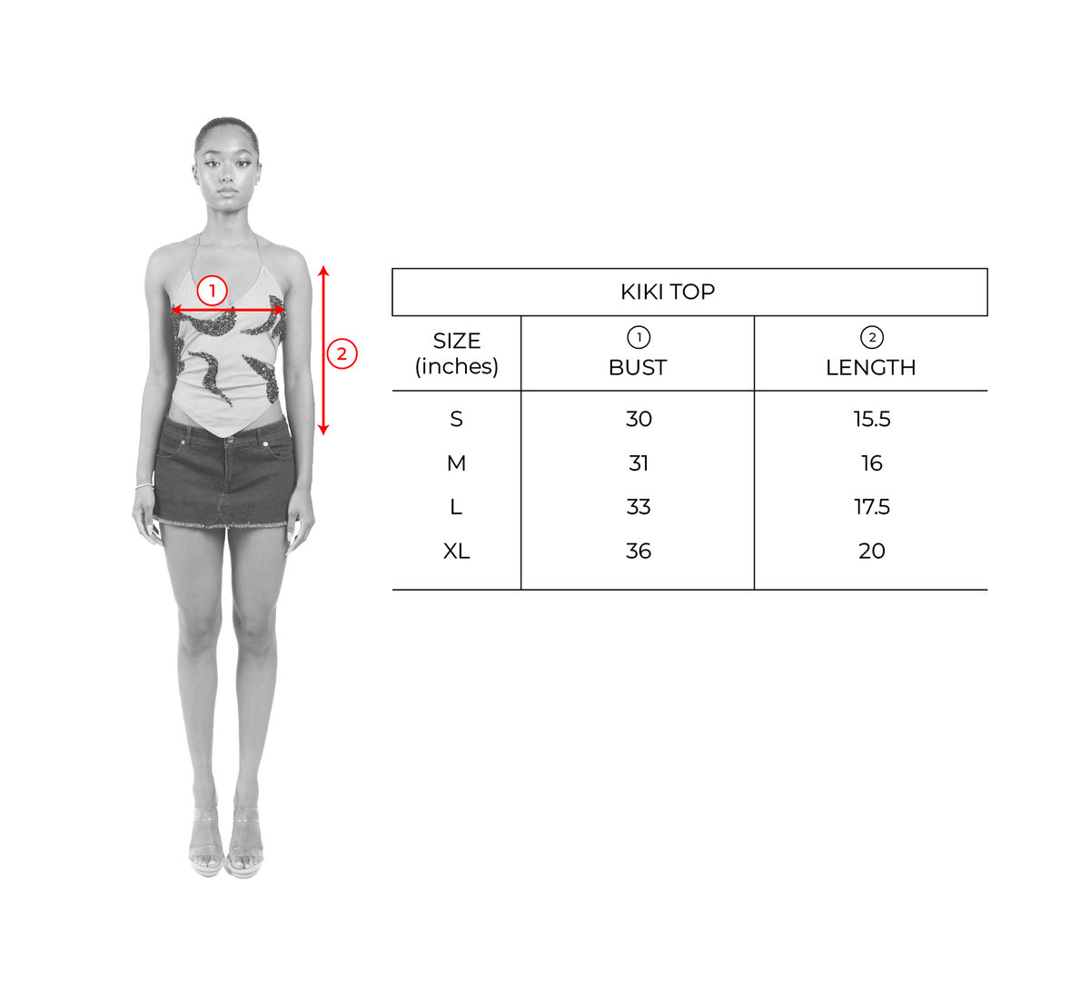Size chart for Sunset Orange Kiki Top