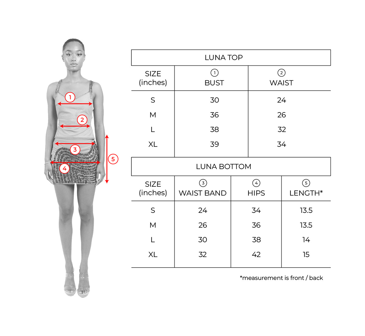 Size chart for Sunset Orange Luna Set