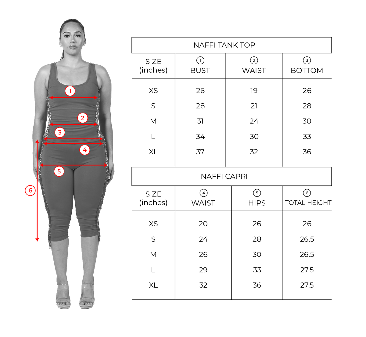 Size chart for Midnight Black Naffi Set