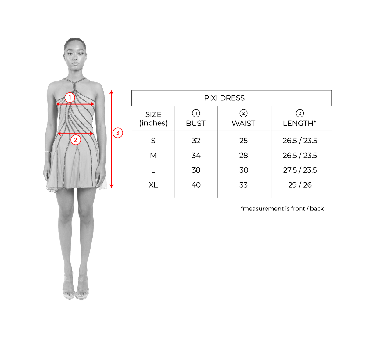 Size chart for Kiwi Green Pixi Dress