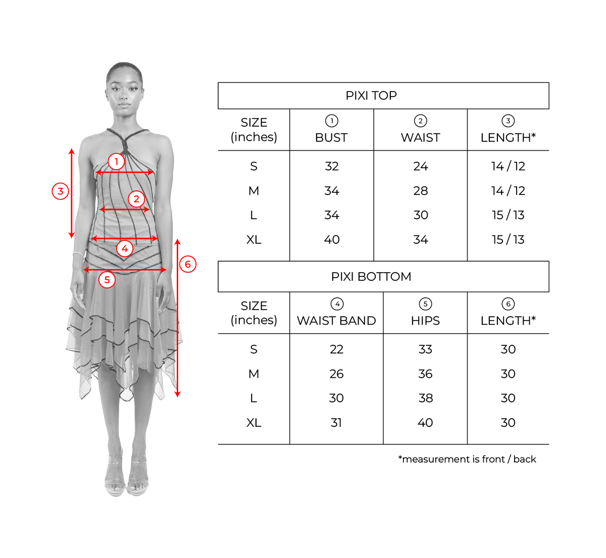Size chart for Sunset Orange Pixi Set