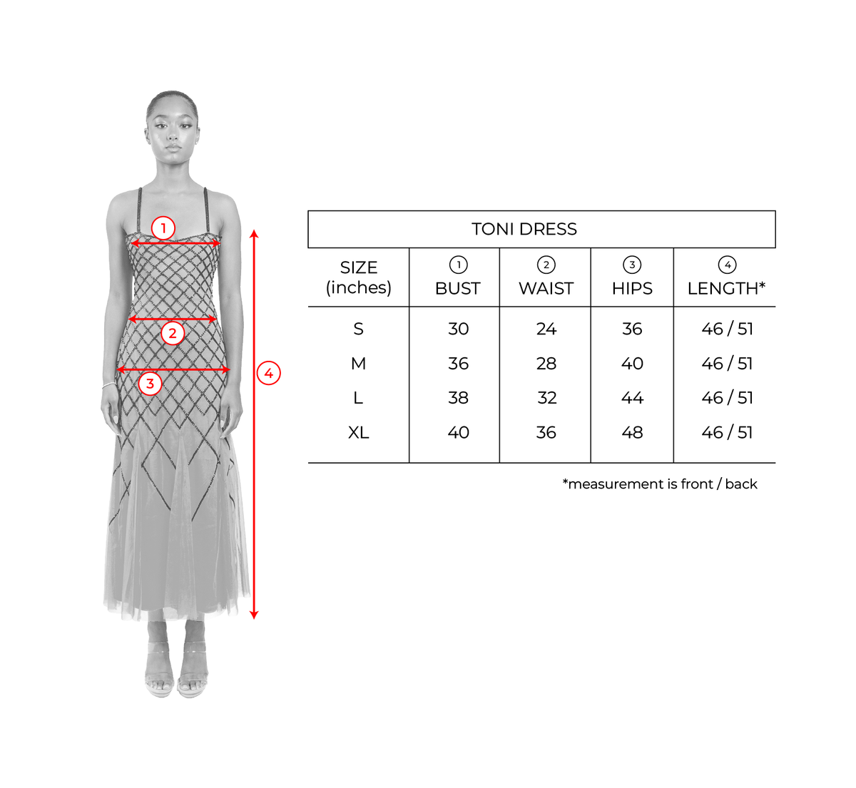 Size chart for Amalfi Yellow Toni Dress
